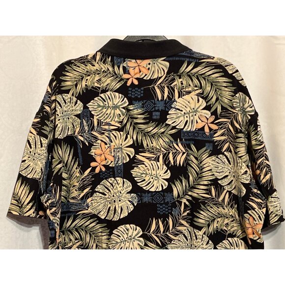 Island Tropics Leaf Print Polo Shirt XL Black Orange Green Short Sleeve Mens Cot - Picture 4 of 8